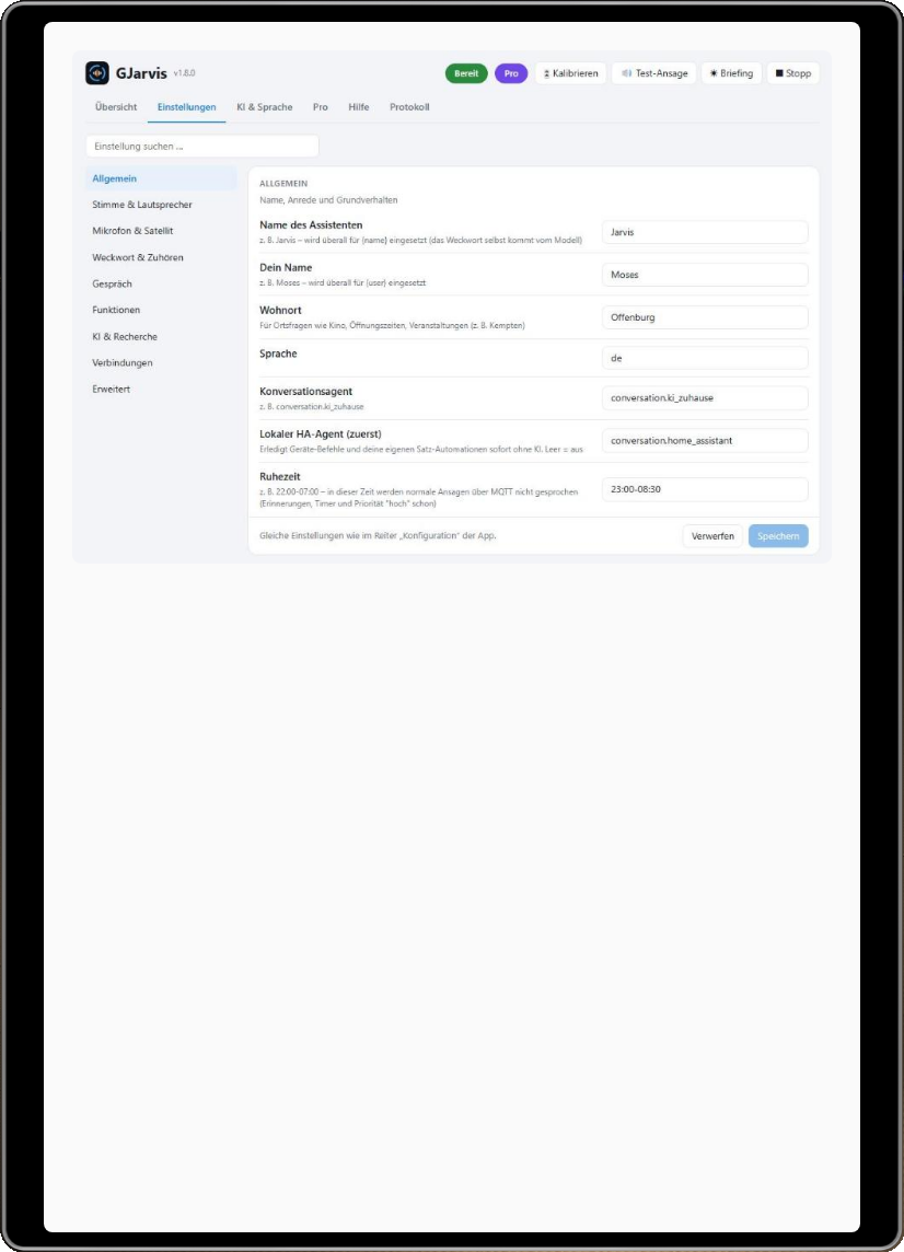 GJarvis Einstellungen auf dem Tablet